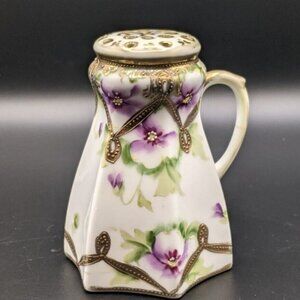 Antique Nippon Sugar Shaker Hat Pin Holder Gold Gilt Hand Painted Violets 5"
